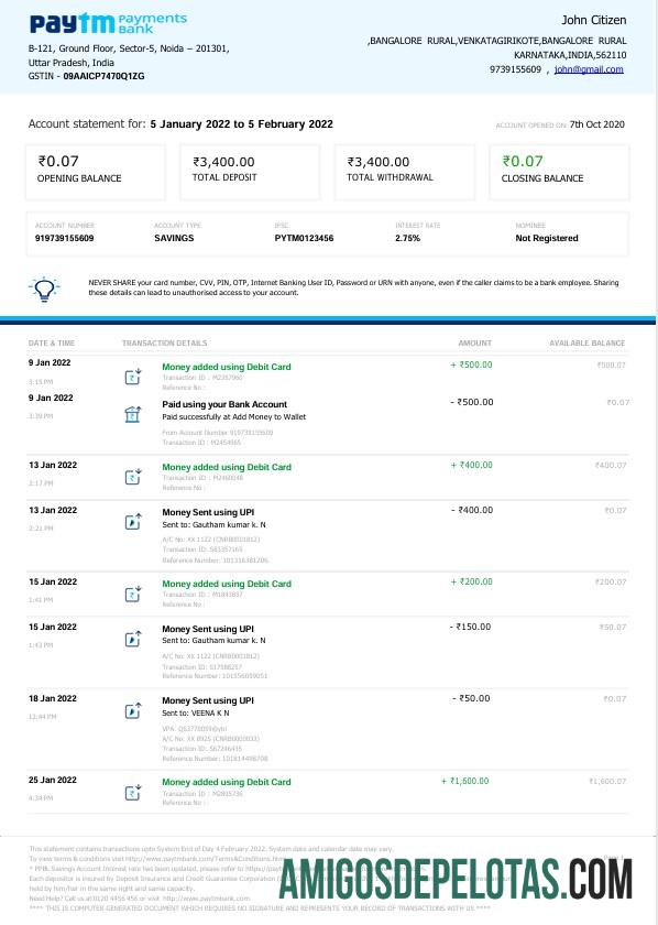 Extrato bancário de pagamentos da Índia Paytm para impressão modelo Word e PDF, 2 páginas, versão 2